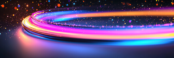 Poster - A high-impact abstract shot of flowing neon light trails in pink, blue, and orange, sprinkled with