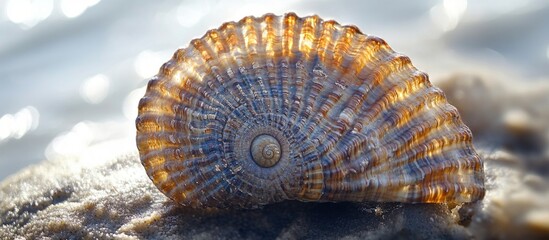 Poster - Detailed close-up view of a beautiful seashell against a blurred natural background showcasing intricate patterns and textures.
