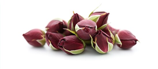 Poster - Close up of dark red rose buds arranged on a white background showcasing their texture and color for floral design and decoration use.