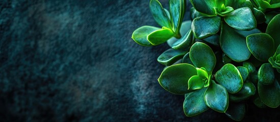 Poster - Lush jade plant with vibrant green leaves positioned against a dark backdrop ideal for copy space and nature-themed projects
