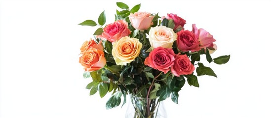 Poster - Colorful bouquet of assorted roses in a clear glass vase with green leaves against a bright white background