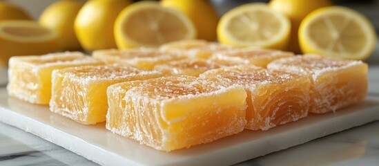 Aufkleber - Colorful Homemade Lemon Caramel Taffy Treats on Plate with Fresh Lemons in Background Ideal for Fall Cafe Promotions with Copy Space