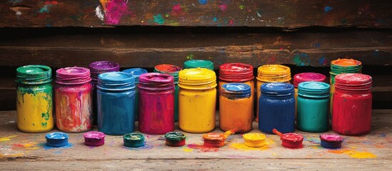 Aufkleber - Colorful paint jars and brushes arranged artistically on a rustic wooden surface showcasing vibrant colors for creative projects and art inspiration.