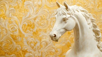 Poster - Elegant white plaster horse sculpture against ornate golden wallpaper with ample space for text overlay or branding opportunities