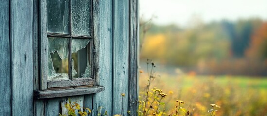 Poster - Damaged window on rustic farmhouse surrounded by autumn foliage and weathered wood against a blurred natural landscape background