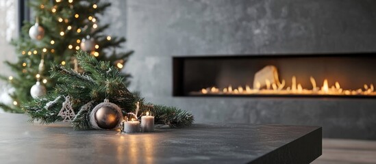 Poster - Stylish Christmas tree branch with ornament and candles near modern fireplace in warm New Year atmosphere with space for text or design.