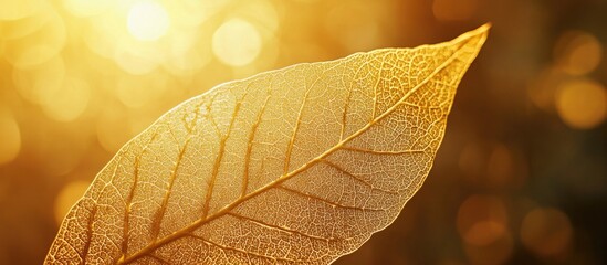 Poster - Golden leaf illuminated by warm sunlight showcasing intricate details and textures in a tranquil natural setting
