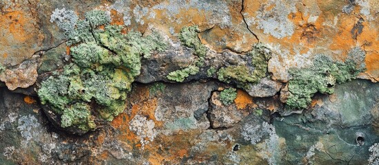 Poster - Close up of a textured stone wall featuring organic patterns of pits and lichen growth in natural earthy tones and colors.