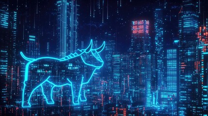 Poster - Digital stock market data with rising share prices and a bullish icon, set against a vibrant futuristic city skyline at night, symbolizing strong financial growth.