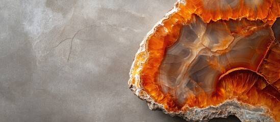 Poster - Close up of vibrant brown and orange banded carnelian stone against a textured gray background showcasing its natural beauty and intricacies.
