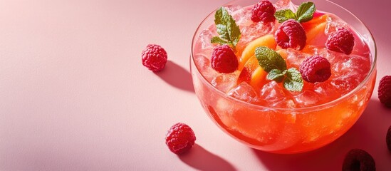Poster - Refreshing fruit-infused drinks in glass bowl on pink background with space for text ideal for summer promotions or beverage advertisements