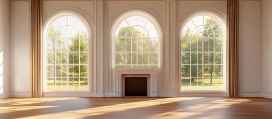 Poster - Modern bright living room with arched windows and fireplace showcasing elegant design and ample blank space for text or decoration.