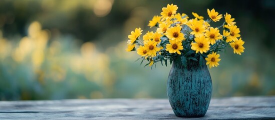 Poster - Wild yellow flower bouquet in a blue vase on a wooden table with a soft blurred background creating a serene natural ambiance.