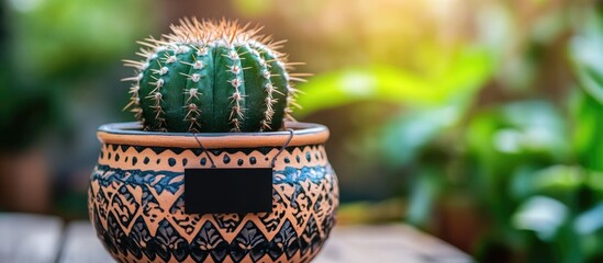 Poster - Cactus in decorative pot with black banner and blurred green background showcasing plant aesthetics and modern design elements.
