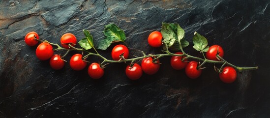 Aufkleber - Fresh cherry tomatoes on a vine displayed against a dark stone background creating a vibrant culinary aesthetic perfect for food-related projects.