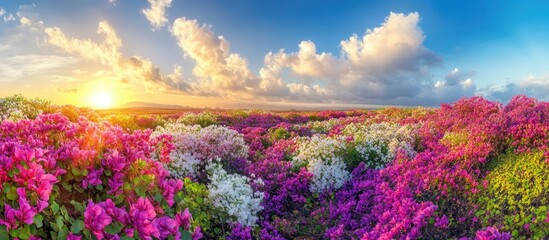 Aufkleber - Vibrant bougainvillea flower field at sunset with colorful blooms and dramatic clouds in a serene landscape.
