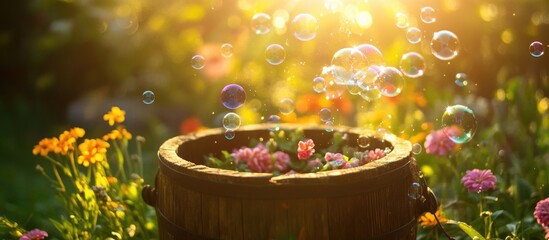 Aufkleber - Bubbles Rising from a Flower-filled Bucket Surrounded by Vibrant Garden Flowers Under soft Morning Light