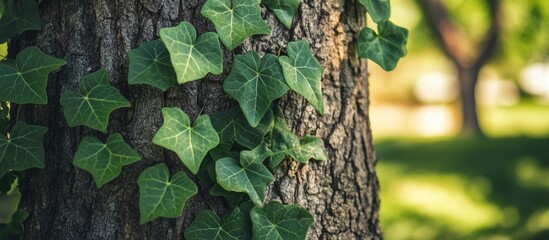Poster - Close up of green climbing plant thriving on textured tree trunk in natural outdoor setting with soft sunlight illuminating the scene
