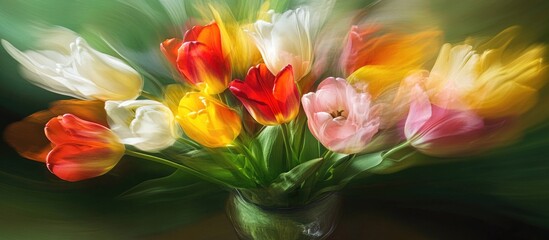 Poster - Vibrant bouquet of colorful tulips with blurred motion effect enhancing their beauty and freshness in a serene setting.