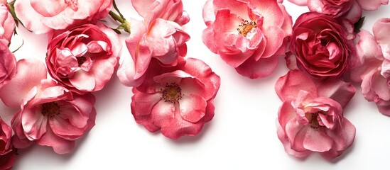 Poster - Vibrant assortment of pink and red artificial roses elegantly arranged on a white background showcasing their beauty and texture.
