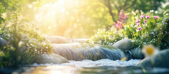 Poster - Gentle river water cascading over stones surrounded by vibrant greenery and blooming flowers in a serene natural landscape
