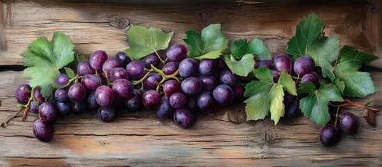 Aufkleber - Freshly harvested purple grapes with green leaves arranged on rustic wooden surface for a natural and organic food theme