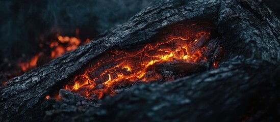 Aufkleber - Close-up of smoldering flames on dark log in fireplace creating a cozy atmosphere with space for text and vibrant orange hues of burning wood
