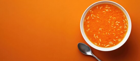 Aufkleber - Bowl of hearty chicken noodle soup with spoon on vibrant orange background perfect for text overlay or recipe displays