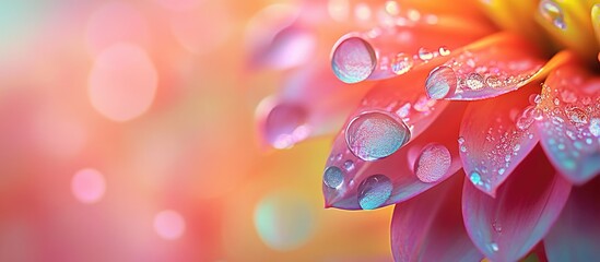 Poster - Close up of a vibrant dahlia flower displaying intricate patterns and colorful dew droplets on its petals under soft light