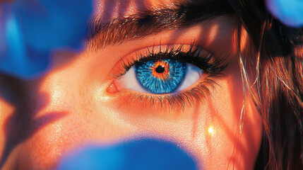 Wall Mural - An ultra-modern composition where strong blue irises meet glimmers of orange light gently