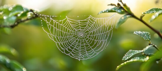 Poster - Close up of a delicate spider web adorned with dew drops on a light green bush branch with a soft blurred background in nature.