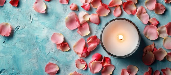 Poster - Candle Surrounded by Rose Petals on Turquoise Background for Relaxation and Meditation with Copy Space for Text