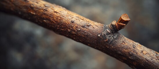 Aufkleber - Detailed close-up of a branch point on a spruce board showcasing natural wood textures and growth patterns in a blurred background environment