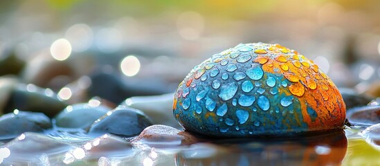 Poster - Vivid close-up of a colorful round pebble with water droplets reflecting sunlight on a bright sunny day in natural surroundings