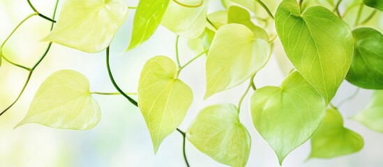 Poster - Close-up of vibrant light green climbing plant leaves against a soft, blurred background creating a serene nature ambiance.