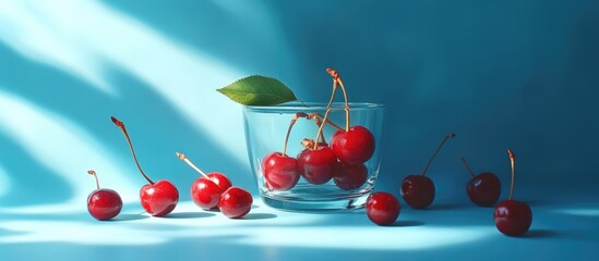 Aufkleber - Red cherries in a glass container with scattered berries on a vibrant blue background creating a sunny, fresh ambiance.