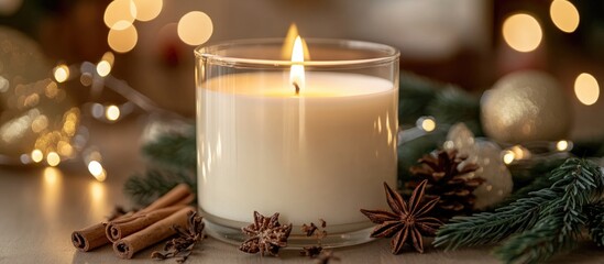 Aufkleber - Cozy Christmas candle with warm glow surrounded by festive decor and aromatic spices creating a cheerful holiday atmosphere