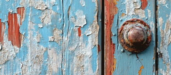 Poster - Aged blue wooden surface with peeling paint and rusty knob showcasing vintage grunge textures and intricate details for creative backgrounds