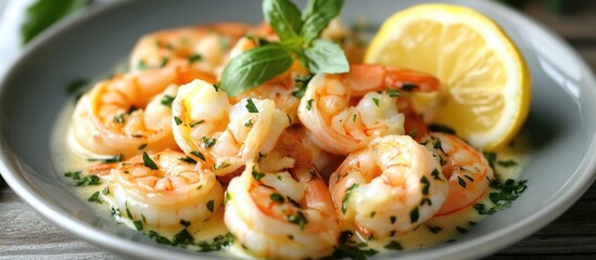 Aufkleber - Delicious butter prawn dish garnished with lemon and herbs served on a grey plate in a rustic setting.