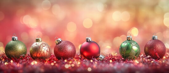 Poster - Festive Christmas ornaments with blurred sparkling lights creating a vibrant holiday atmosphere for seasonal celebrations and decorations.