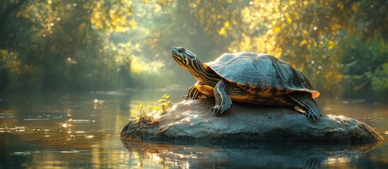 Poster - Caspian turtle basking on a rock by a serene lake surrounded by lush greenery in soft sunlight.