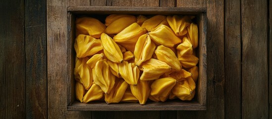 Aufkleber - Fresh Yellow Jackfruit Flesh in a Rustic Wooden Box on a Natural Wood Background
