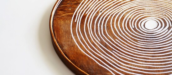 Aufkleber - Brown wooden round tray with abstract white plaster circular line texture isolated on white background for decorative design purposes