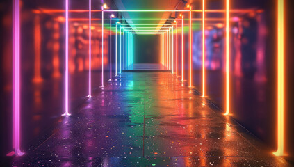 Poster - A mirror illusion, neon lights of bright green, bright purple, orange colors, stretching into the distance to infinity.