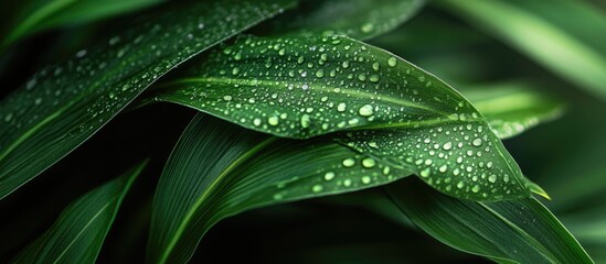 Poster - Macro close-up of lush green plant leaves adorned with water droplets showcasing nature's intricate details and textures.
