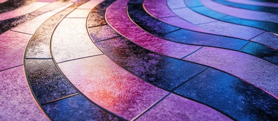 Poster - Abstract geometric patterned pavement with flowing lines in lilac and vibrant colors creating a dynamic sidewalk texture design