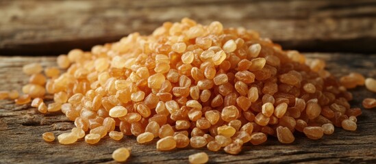 Poster - Bulgur seeds in a rustic setting showcasing a textured wooden background highlighting their natural appearance and golden hue.