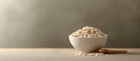 Poster - Bowl filled with rolled oats on a wooden surface against a soft backdrop showcasing healthy breakfast ingredients.