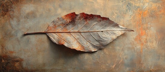 Poster - Close up of a dry leaf on textured background with selective focus highlighting its intricate details and natural beauty