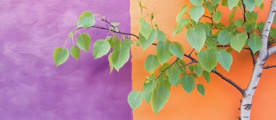 Poster - Birch tree branches with vibrant green leaves contrasting against a bright violet and orange wall providing space for text or design elements.